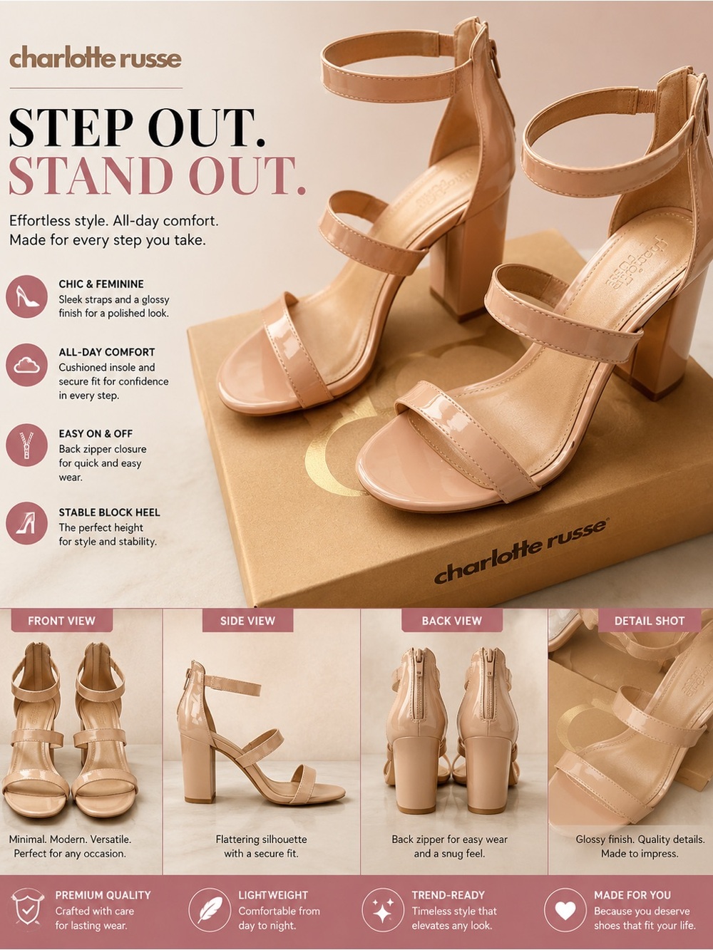 Charlotte Russe Blush Patent Block Heel Sandals